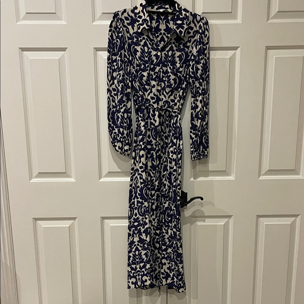 ZARA Elegant Blue and White Patterned Dress